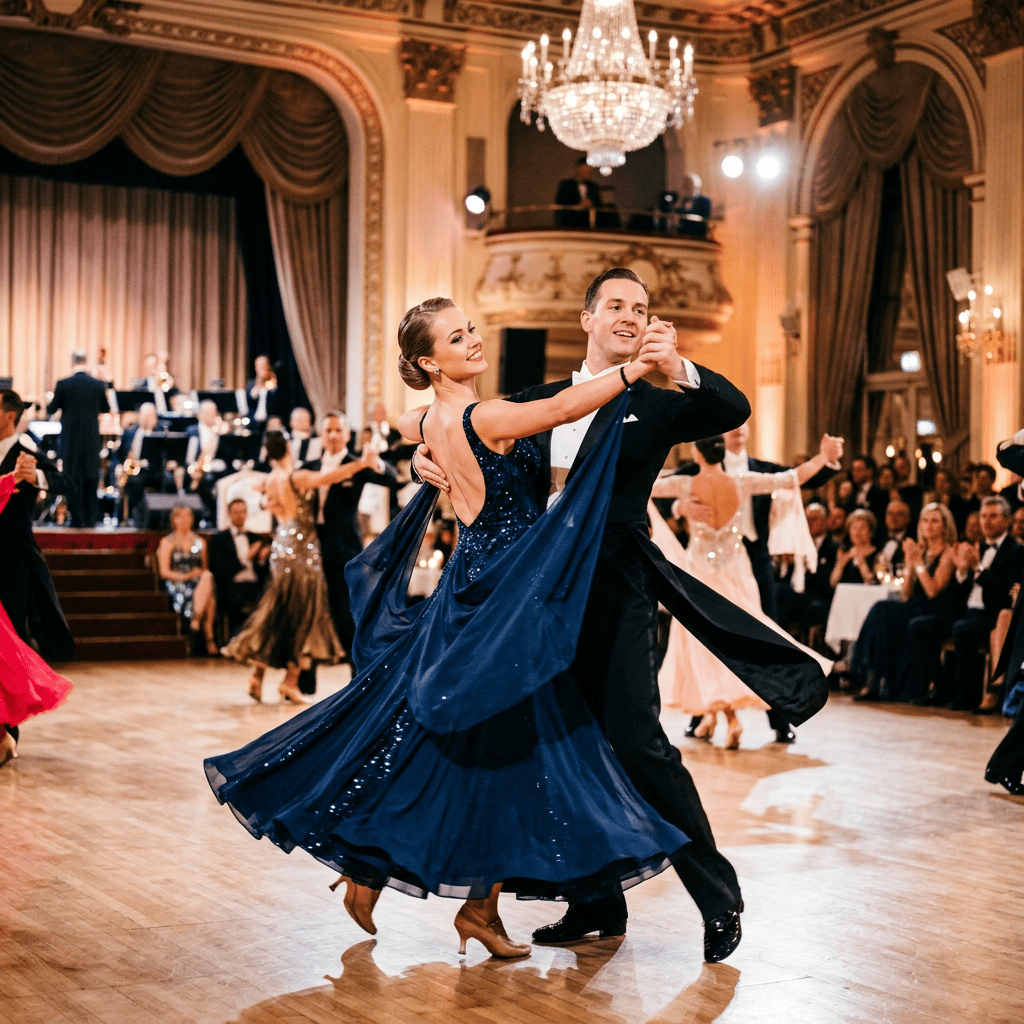 Couple performing ballroom dance in an ornate theater ballroom